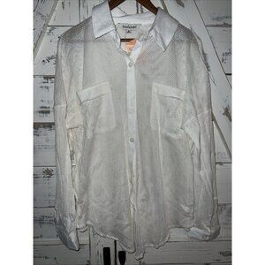 Davi & Dani Textured Button Down Long Sleeve Shirt White Fishnet Beachy Medium